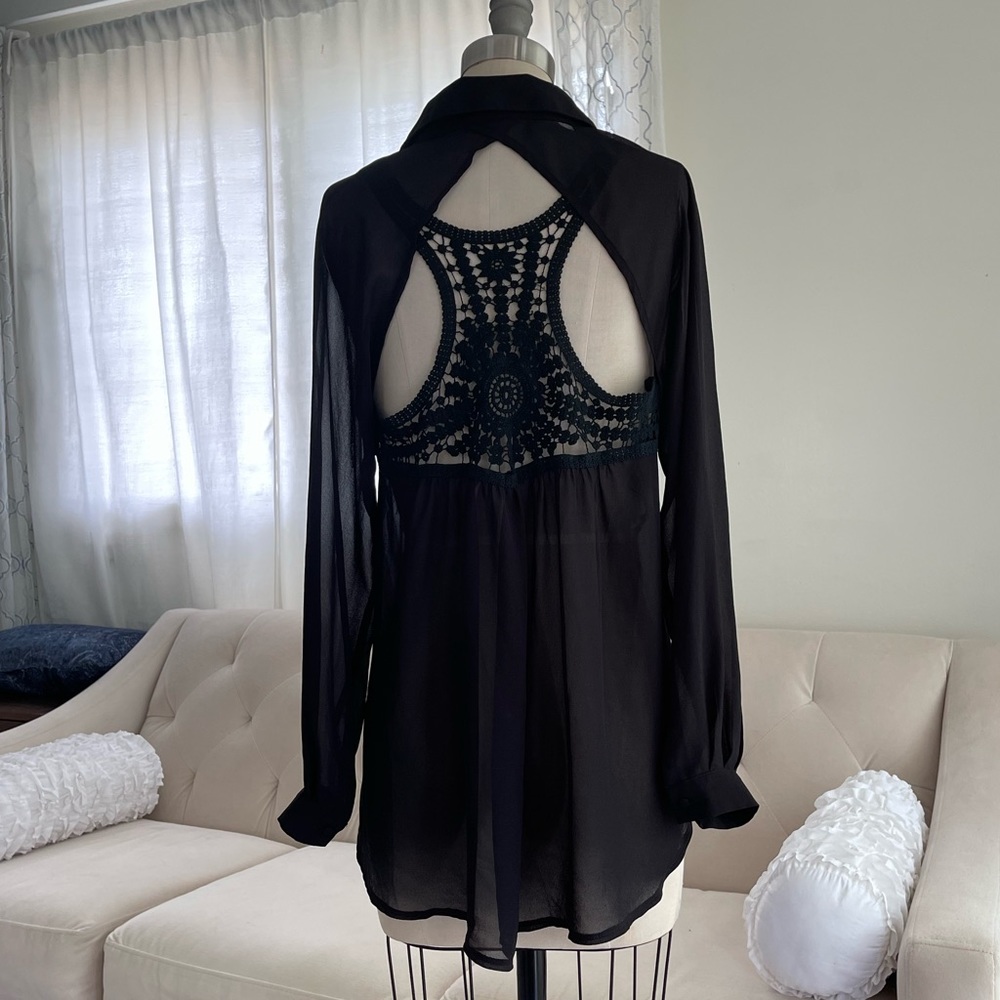 Audrey Ann Black chiffon backless high low lace long sleeved see through blouse